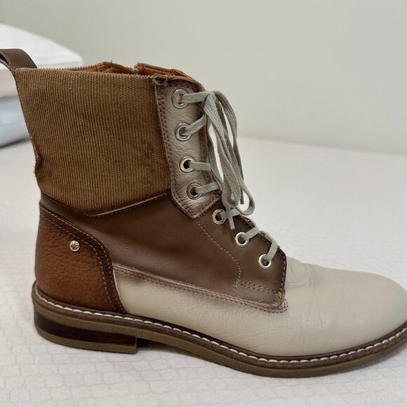 PIKOLINOS Two-Tone Leather & Canvas Lace-Up Boots | Tan & Cream | Women’s Size - Picture 6 of 11